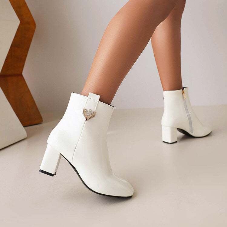 Pu Leather Side Zippers Rhinestone Block Chunky Heel Short Boots for Women