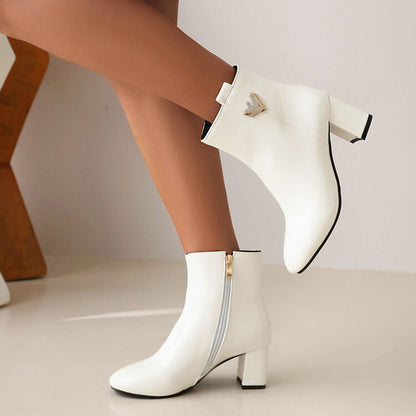 Pu Leather Side Zippers Rhinestone Block Chunky Heel Short Boots for Women