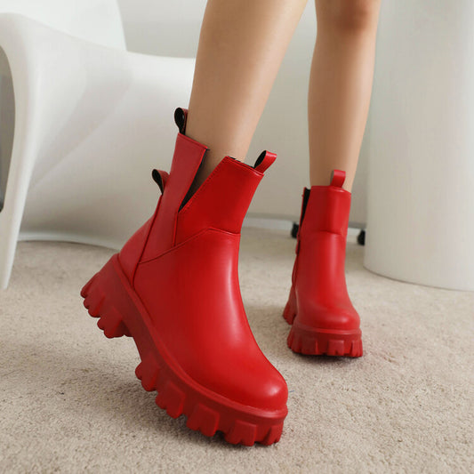 Round Toe Side Zippers Block Chunky Heel Platform Short Boots for Women