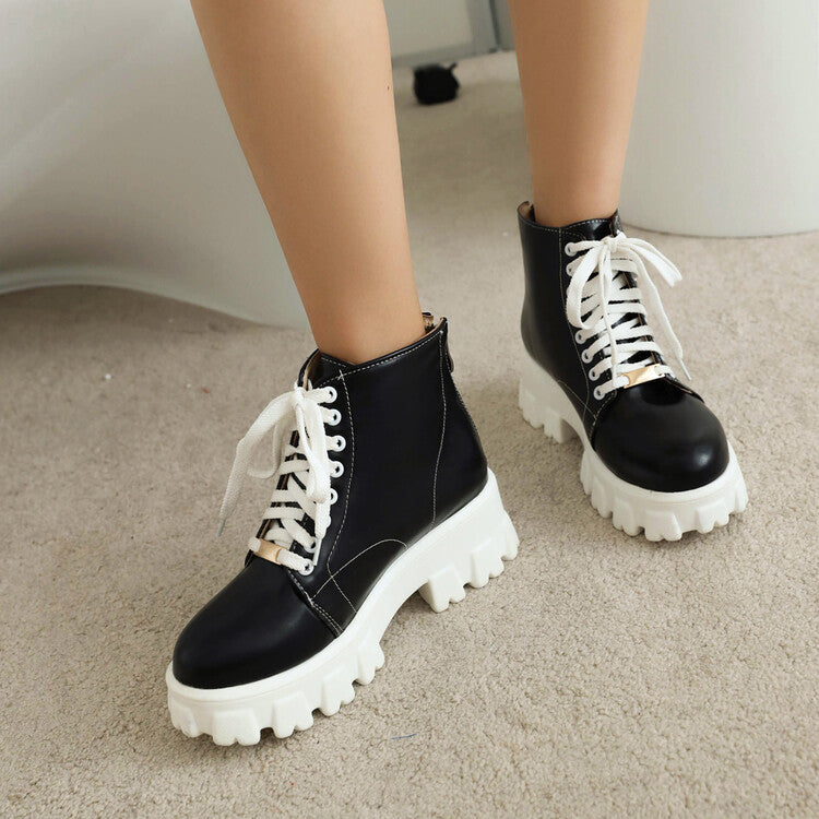 Round Toe Lace Up Back Zippers Block Chunky Heel Platform Short Boots for Women