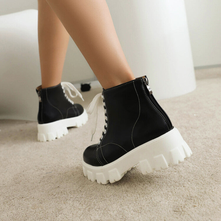 Round Toe Lace Up Back Zippers Block Chunky Heel Platform Short Boots for Women