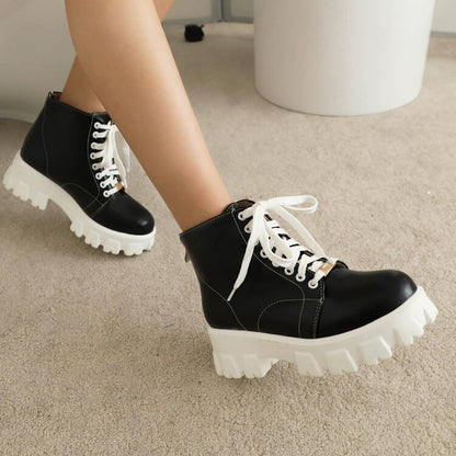 Round Toe Lace Up Back Zippers Block Chunky Heel Platform Short Boots for Women