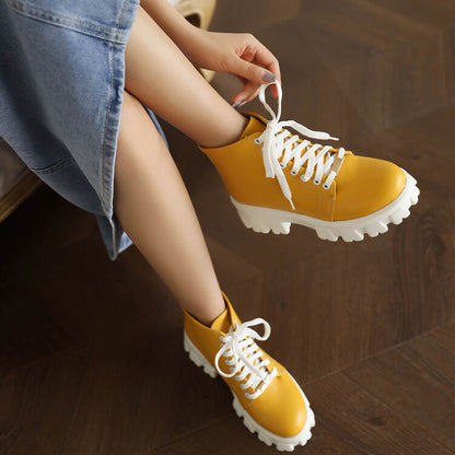 Round Toe Lace Up Back Zippers Block Chunky Heel Platform Short Boots for Women