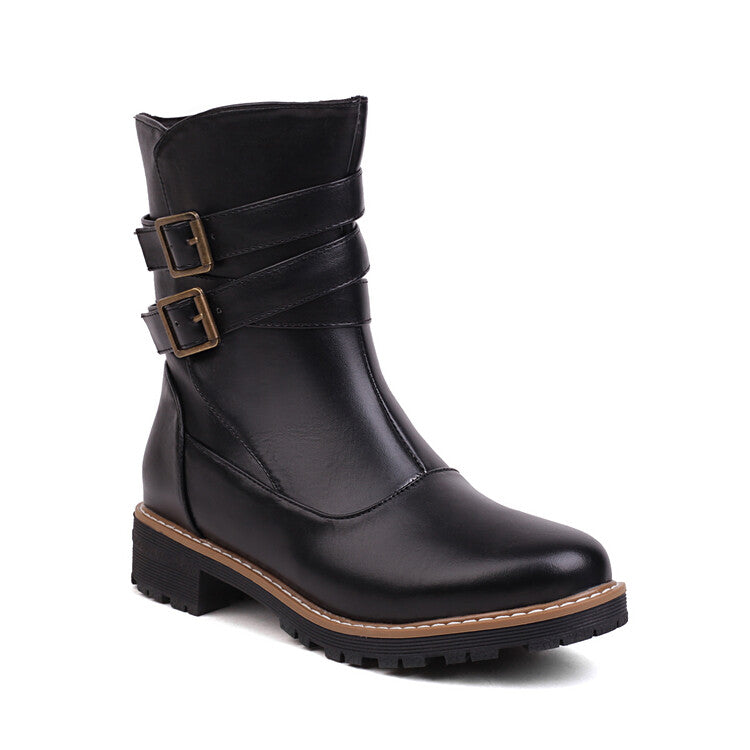 Buckle Straps Side Zippers Ankle Boots for Women