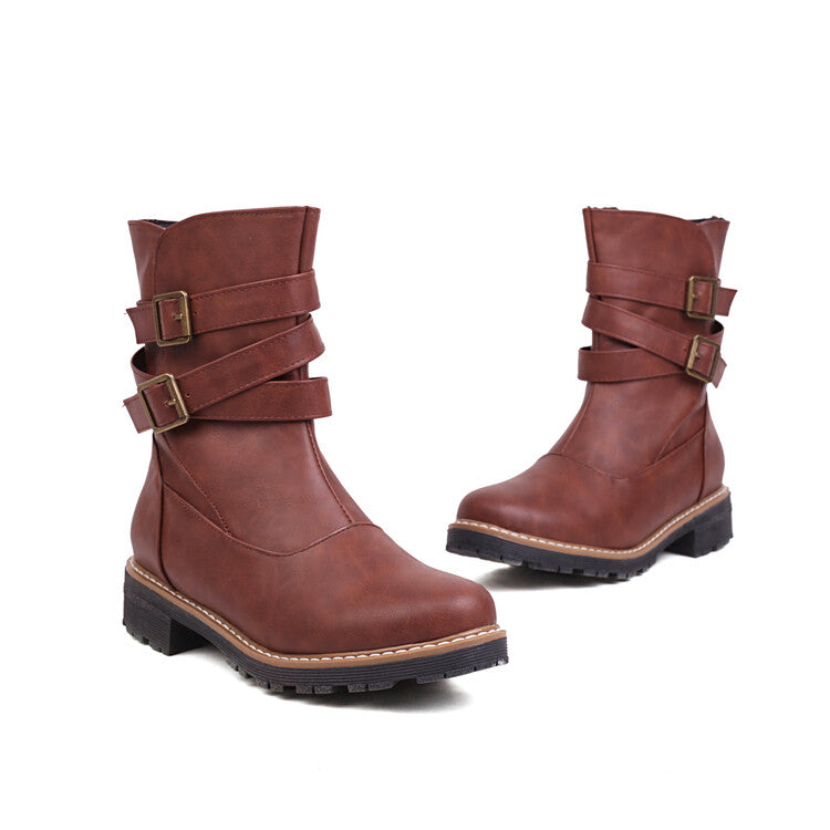 Buckle Straps Side Zippers Ankle Boots for Women