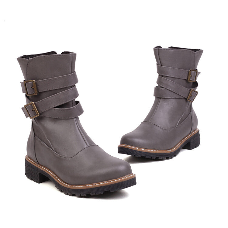 Buckle Straps Side Zippers Ankle Boots for Women