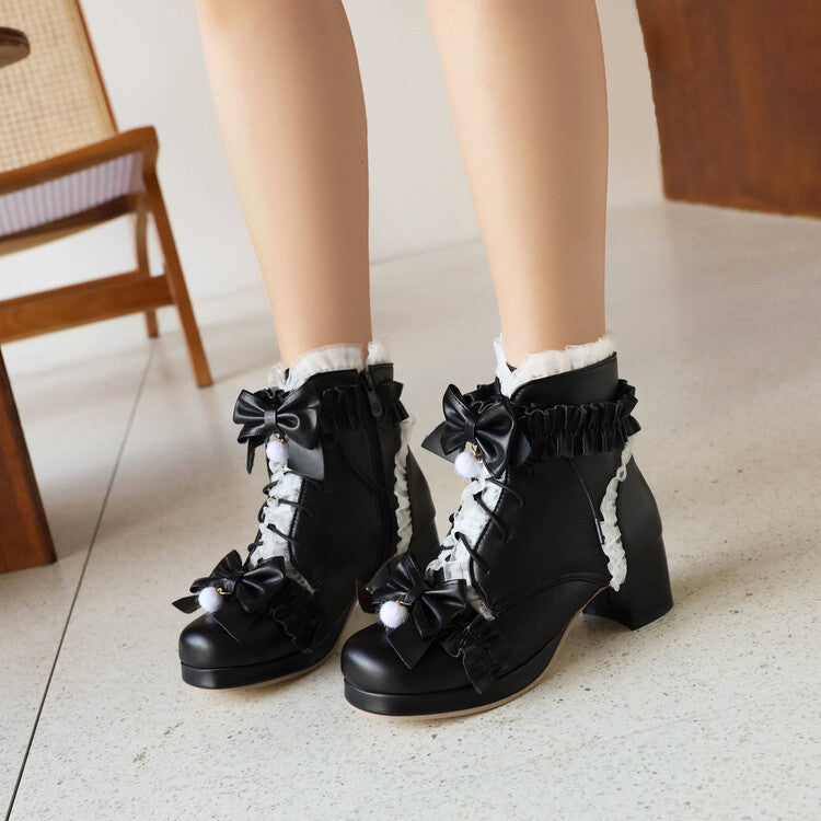 Bow Tie Tied Straps Block Chunky Heel Ankle Boots for Women