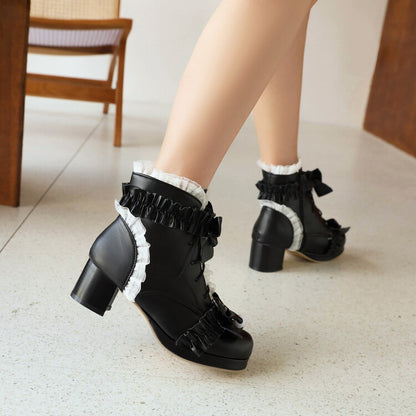 Bow Tie Tied Straps Block Chunky Heel Ankle Boots for Women