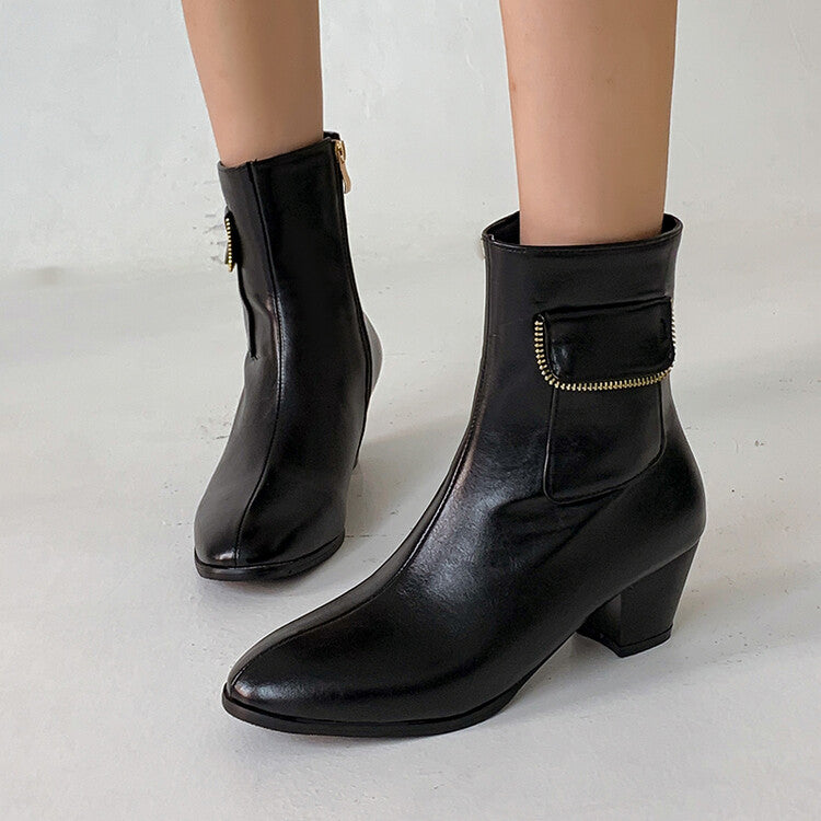 Pu Leather Pointed Toe Side Zippers Pocket Block Heel Short Boots for Women