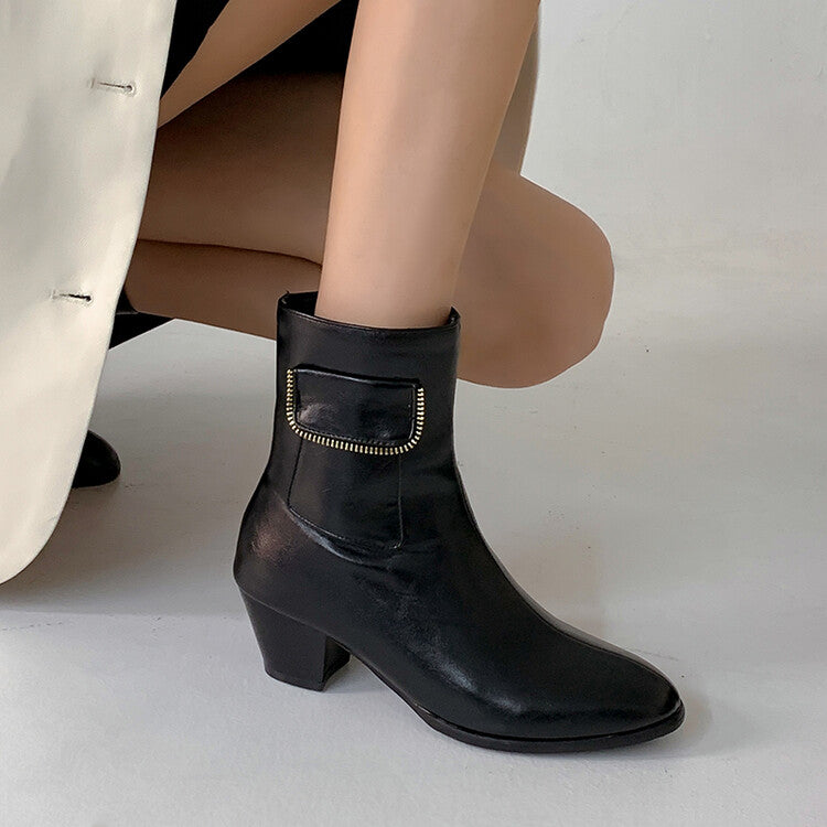 Pu Leather Pointed Toe Side Zippers Pocket Block Heel Short Boots for Women