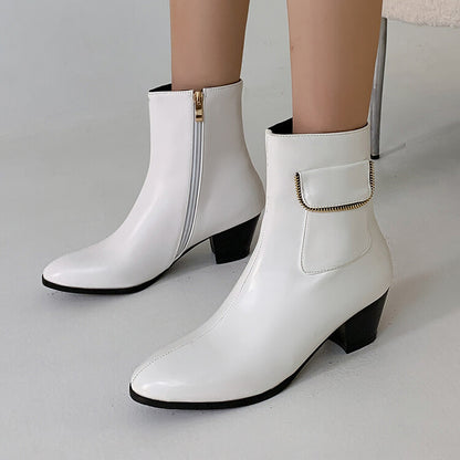 Pu Leather Pointed Toe Side Zippers Pocket Block Heel Short Boots for Women