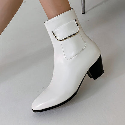 Pu Leather Pointed Toe Side Zippers Pocket Block Heel Short Boots for Women