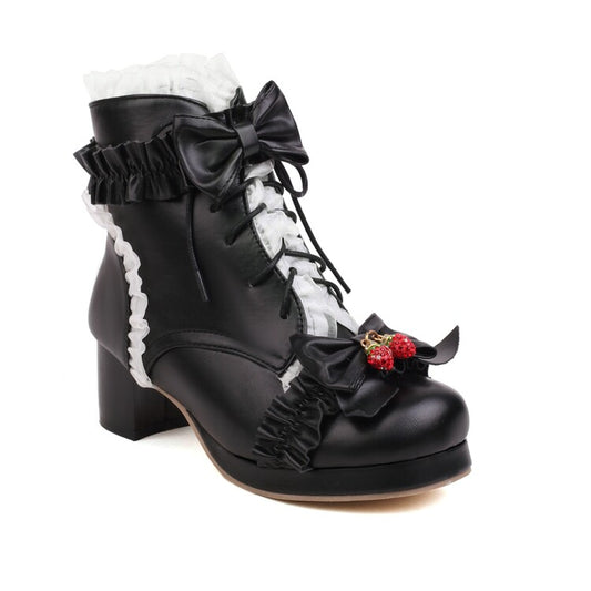 Lace Bow Tie Side Zippers Block Chunky Heel Ankle Boots for Women