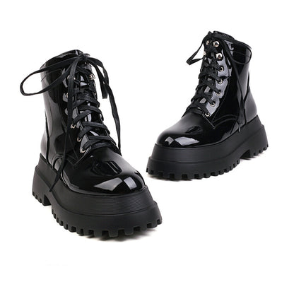 Glossy Round Toe Lace Up Flat Platform Ankle Boots for Women