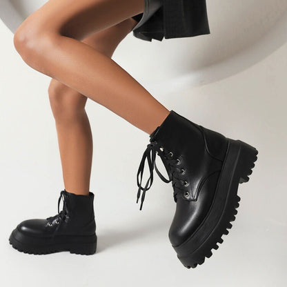 Glossy Round Toe Lace Up Flat Platform Ankle Boots for Women