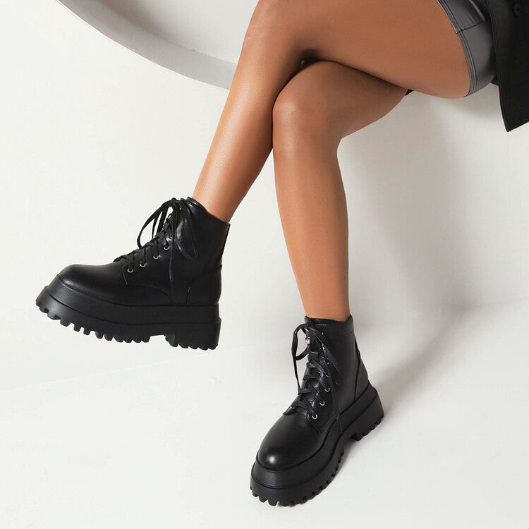 Glossy Round Toe Lace Up Flat Platform Ankle Boots for Women