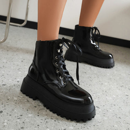 Glossy Round Toe Lace Up Flat Platform Ankle Boots for Women