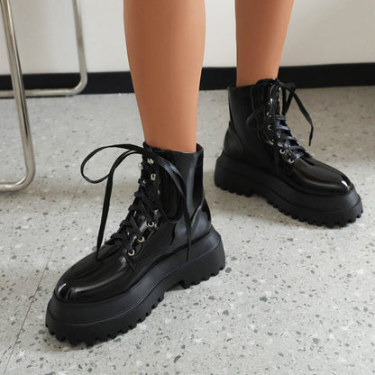 Glossy Round Toe Lace Up Flat Platform Ankle Boots for Women