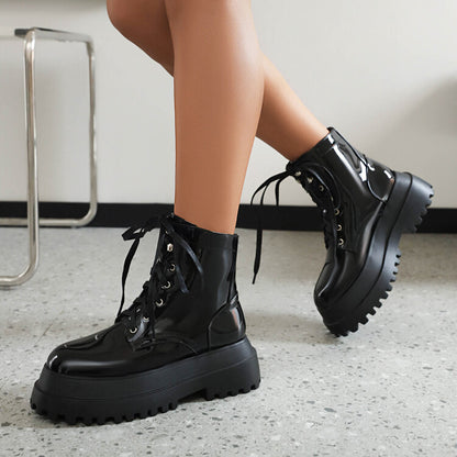 Glossy Round Toe Lace Up Flat Platform Ankle Boots for Women