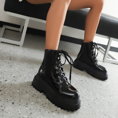 Glossy Round Toe Lace Up Flat Platform Ankle Boots for Women