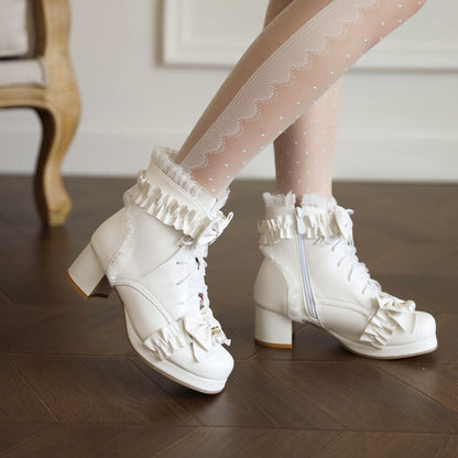 Lace Bow Tie Pearls Block Chunky Heel Ankle Boots for Women