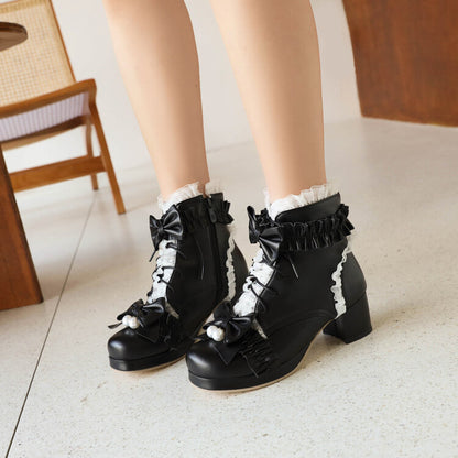 Lace Bow Tie Pearls Block Chunky Heel Ankle Boots for Women