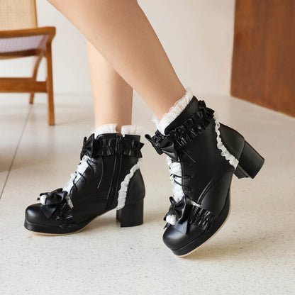 Lace Bow Tie Pearls Block Chunky Heel Ankle Boots for Women