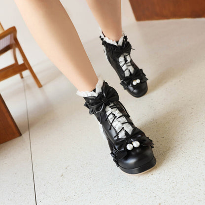 Lace Bow Tie Pearls Block Chunky Heel Ankle Boots for Women