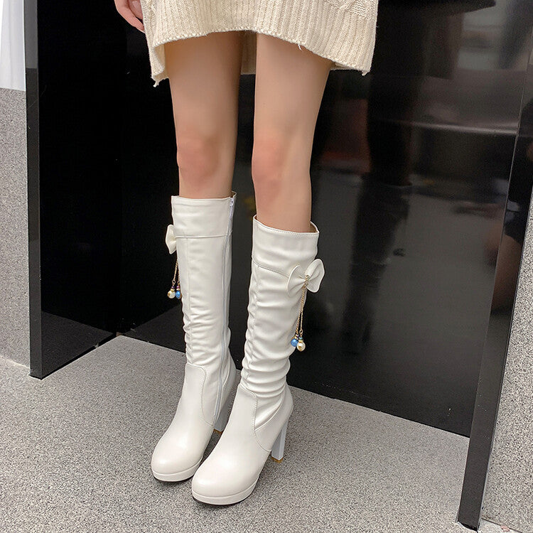 Bow Tie Tassel Side Zippers Block Chunky Heel Platform Knee High Boots for Women