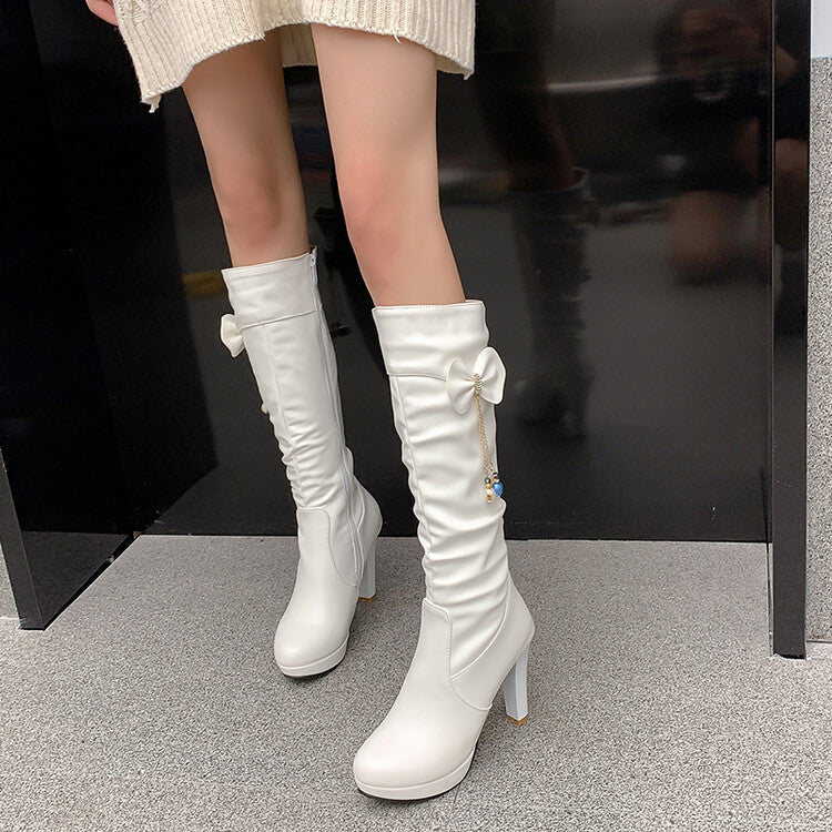 Bow Tie Tassel Side Zippers Block Chunky Heel Platform Knee High Boots for Women