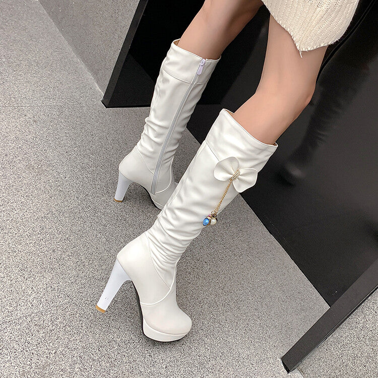 Bow Tie Tassel Side Zippers Block Chunky Heel Platform Knee High Boots for Women