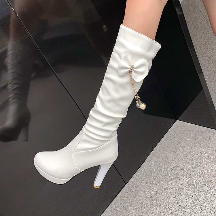 Bow Tie Tassel Side Zippers Block Chunky Heel Platform Knee High Boots for Women