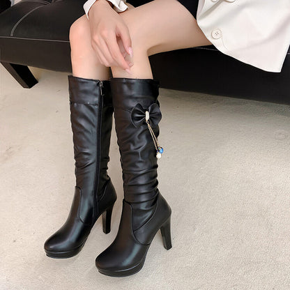 Bow Tie Tassel Side Zippers Block Chunky Heel Platform Knee High Boots for Women