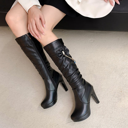 Bow Tie Tassel Side Zippers Block Chunky Heel Platform Knee High Boots for Women