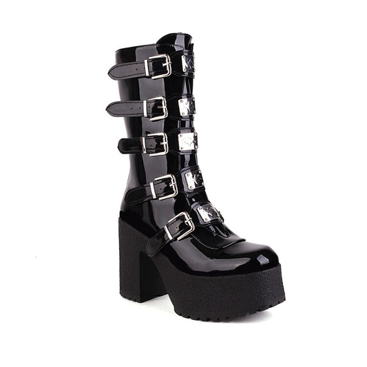 Glossy Metal Buckle Straps Block Chunky Heel Platform Mid-calf Boots for Women