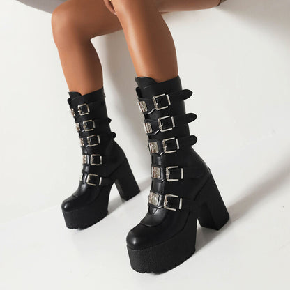 Glossy Metal Buckle Straps Block Chunky Heel Platform Mid-calf Boots for Women