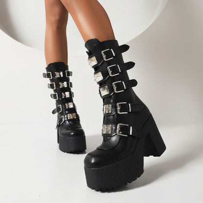 Glossy Metal Buckle Straps Block Chunky Heel Platform Mid-calf Boots for Women