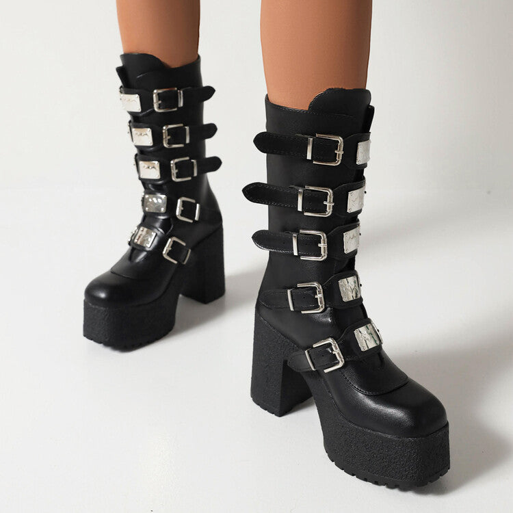 Glossy Metal Buckle Straps Block Chunky Heel Platform Mid-calf Boots for Women