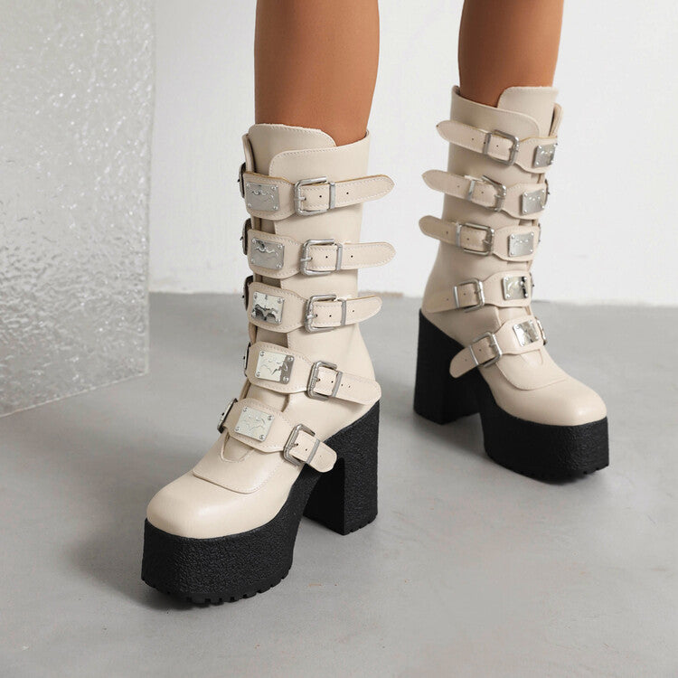 Glossy Metal Buckle Straps Block Chunky Heel Platform Mid-calf Boots for Women