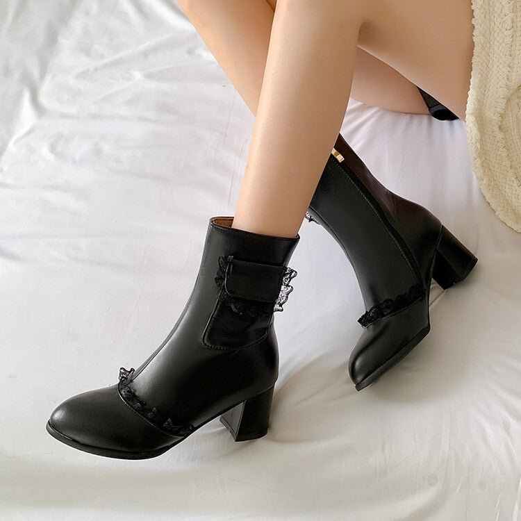 Pu Leather Lace Pocket Block Chunky Heel Side Zippers Short Boots for Women