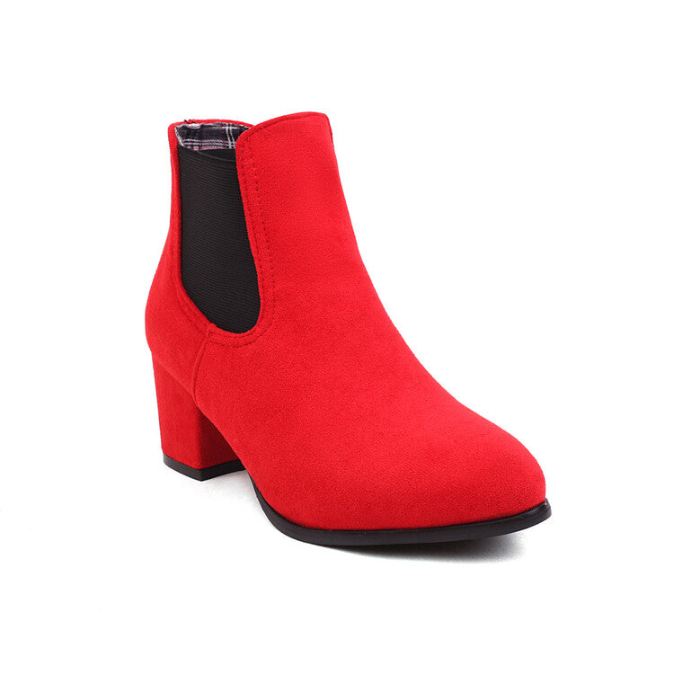 Booties Bicolor Flock Pointed Toe Stretch Block Heel Ankle Boots for Women