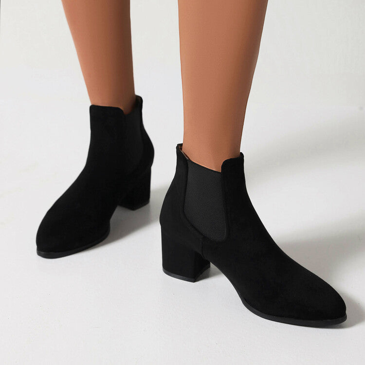 Booties Bicolor Flock Pointed Toe Stretch Block Heel Ankle Boots for Women