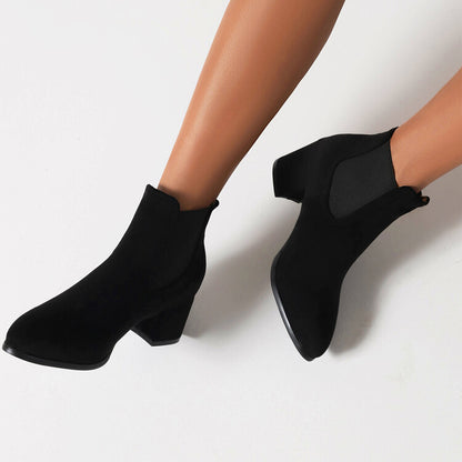 Booties Bicolor Flock Pointed Toe Stretch Block Heel Ankle Boots for Women