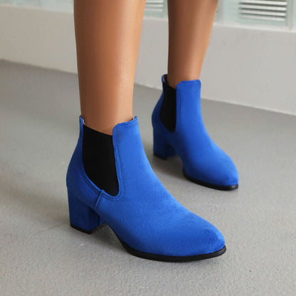 Booties Bicolor Flock Pointed Toe Stretch Block Heel Ankle Boots for Women