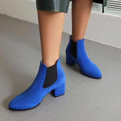 Booties Bicolor Flock Pointed Toe Stretch Block Heel Ankle Boots for Women