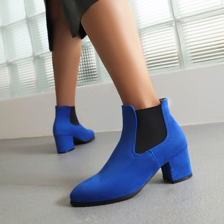 Booties Bicolor Flock Pointed Toe Stretch Block Heel Ankle Boots for Women