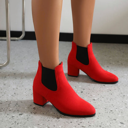 Booties Bicolor Flock Pointed Toe Stretch Block Heel Ankle Boots for Women