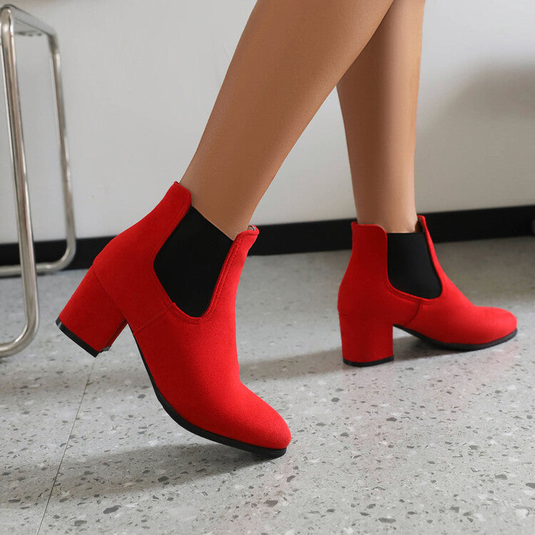 Booties Bicolor Flock Pointed Toe Stretch Block Heel Ankle Boots for Women