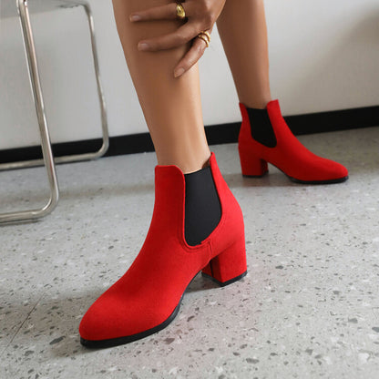 Booties Bicolor Flock Pointed Toe Stretch Block Heel Ankle Boots for Women