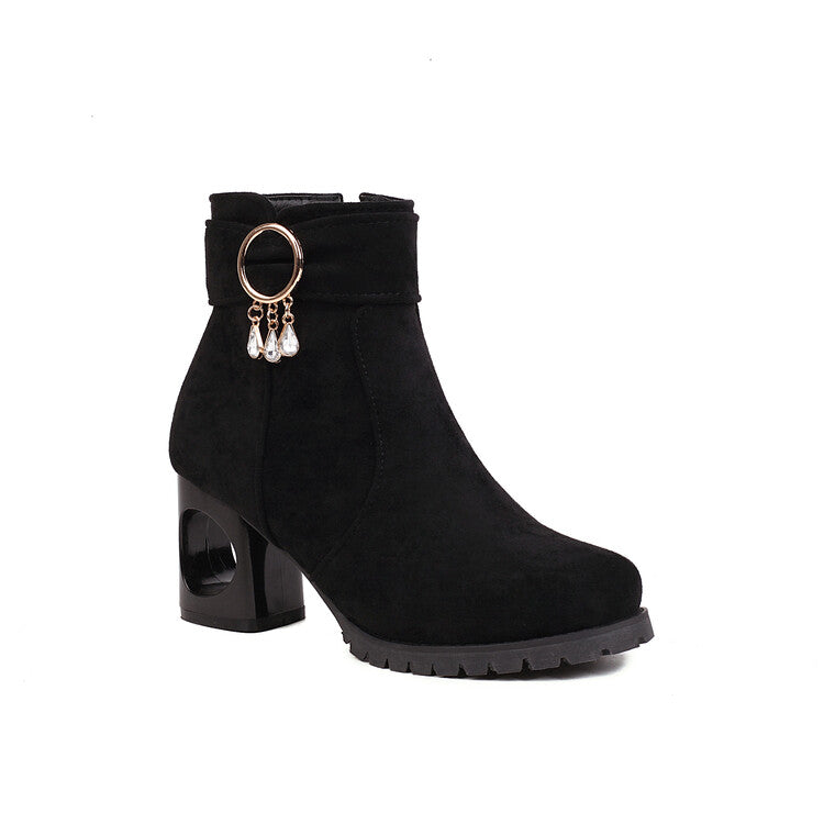 Booties Flock Side Zippers Pearls Tassel Block Heel Ankle Boots for Women